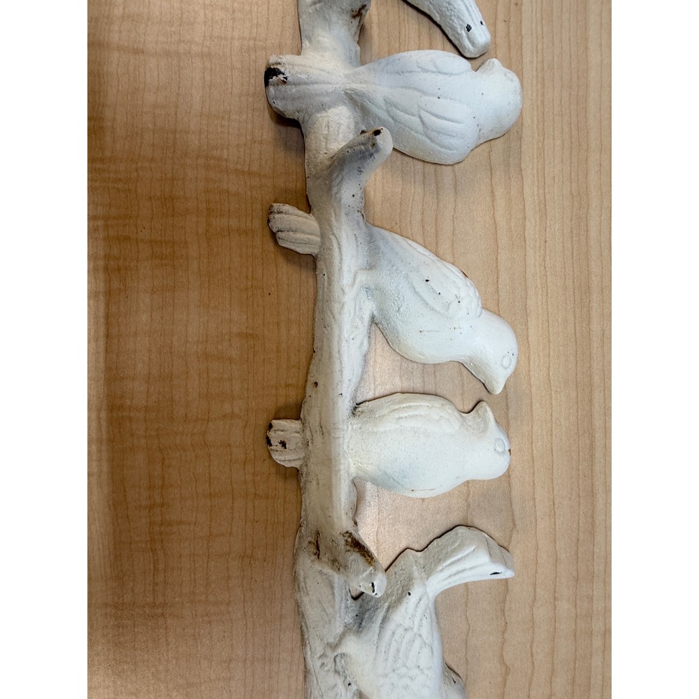 Vintage Style Cast Iron Birds on Branch Wall Hook Rack White Distressed 19 Inch - Picture 4 of 15